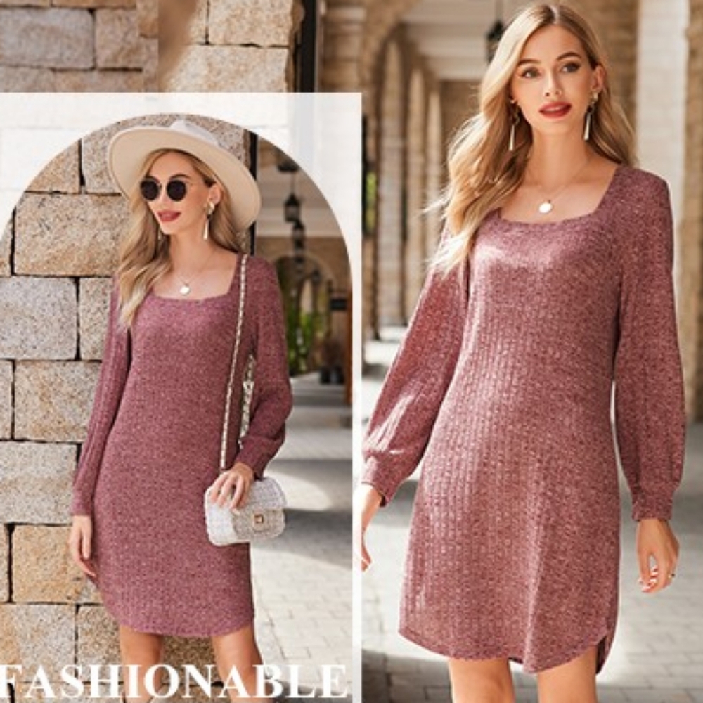 EKOUAER Mauve Long Sleeve Ribbed Knit Sleep Dress with Square Neck